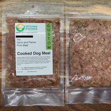 Cooked, food sensitivity using a Pork-Beef blend, portioned in 7oz pouches.